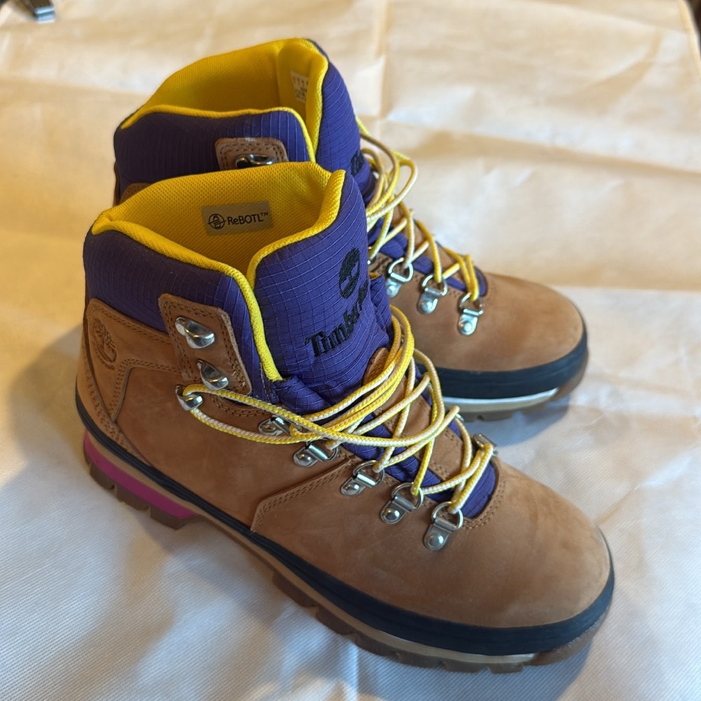 Timberland Euro Hiker Wheat Nubuck Waterproof Boots Purple Yellow Accents NWOB